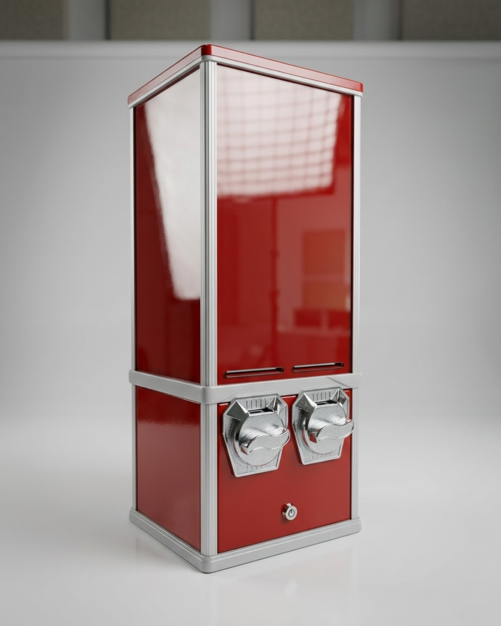 Máquina expendedora personalizable para eventos vista lateral - modelos rojo y plateado