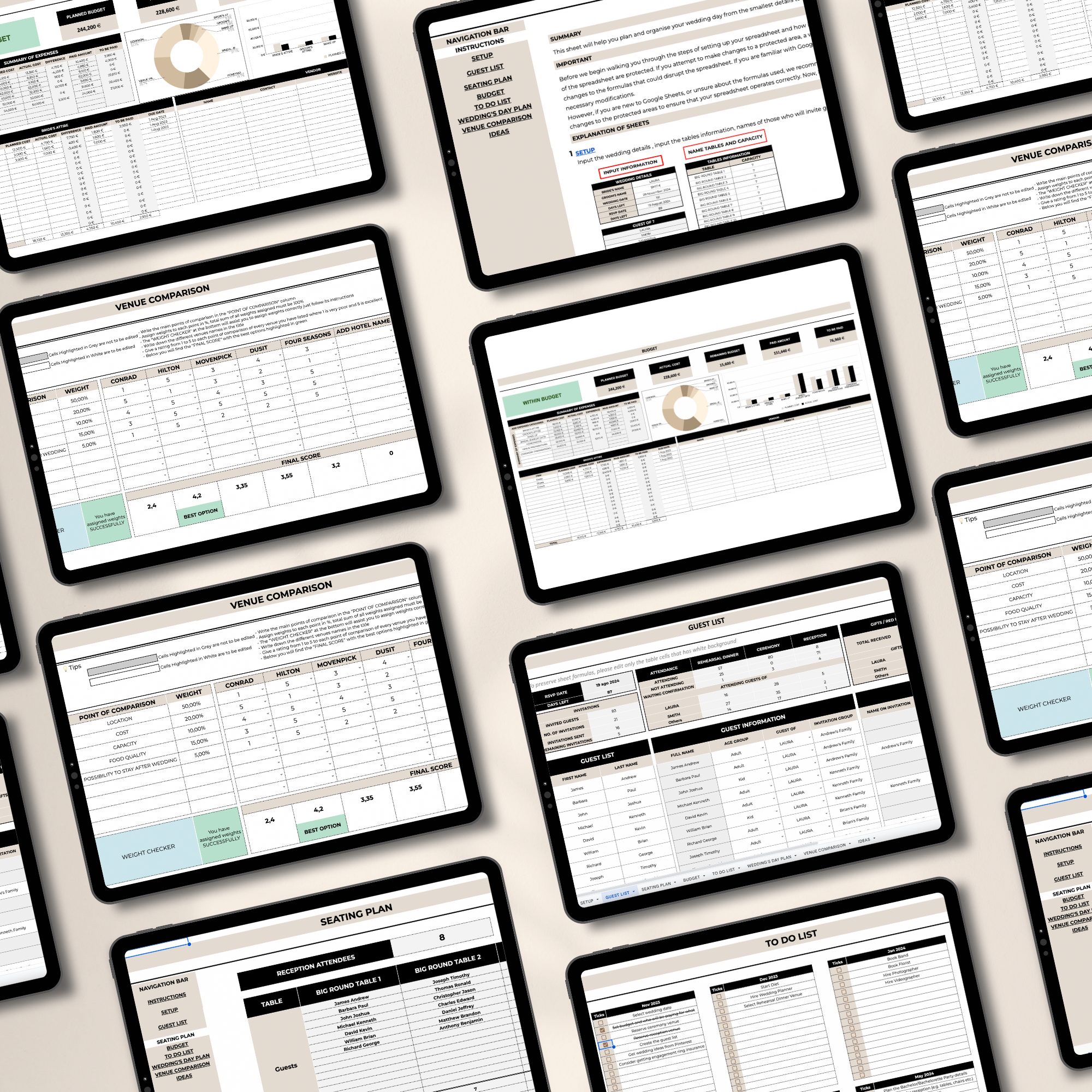Páginas interiores del organizador de boda en Google Sheets - presupuesto, listas y seguimiento