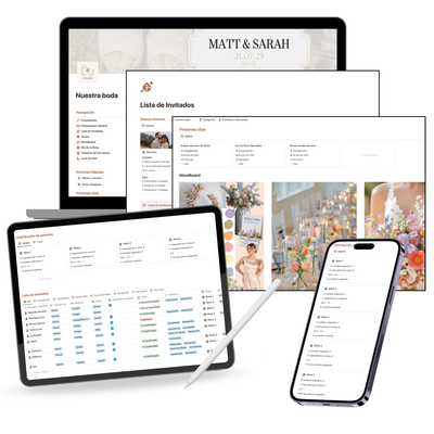 Interior del organizador de boda Bridebloom en Notion - vistas de presupuesto y planning en tablet y móvil