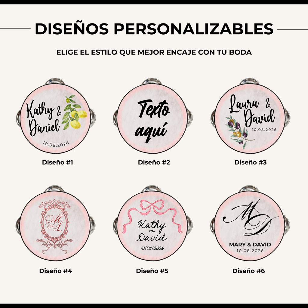Diseños personalizables disponibles para pandereta de boda - 6 estilos a elegir