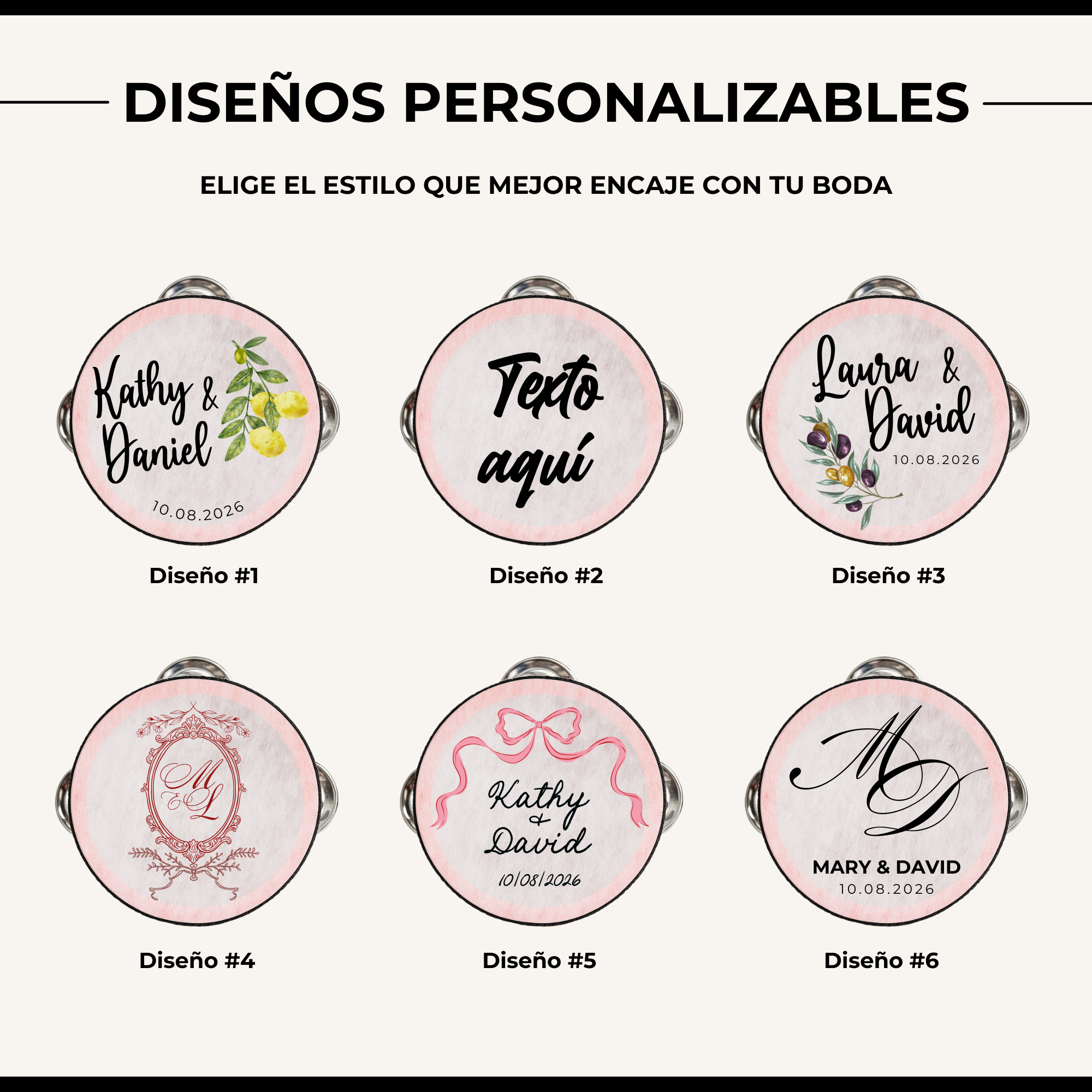 Diseños personalizables disponibles para pandereta de boda - 6 estilos a elegir