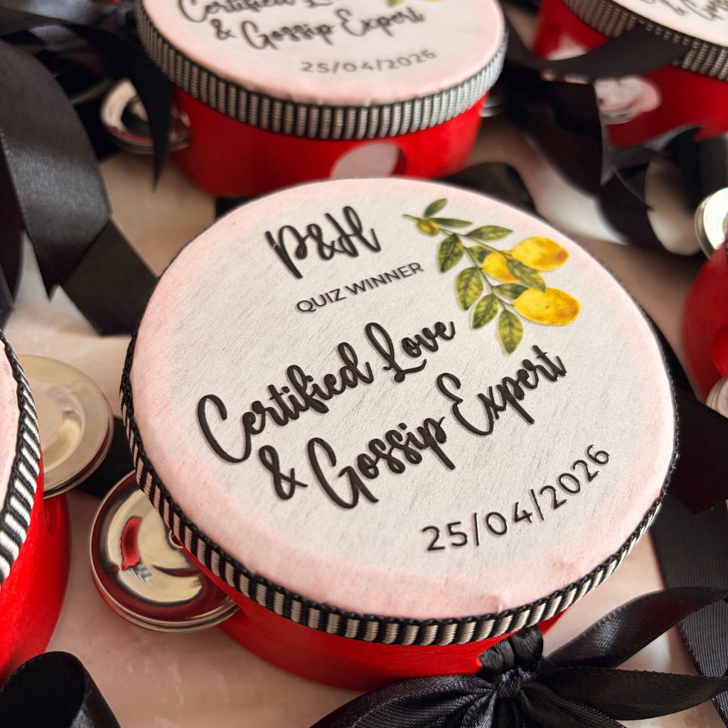 Pandereta personalizada para boda con texto divertido, iniciales y fecha - diseño limones