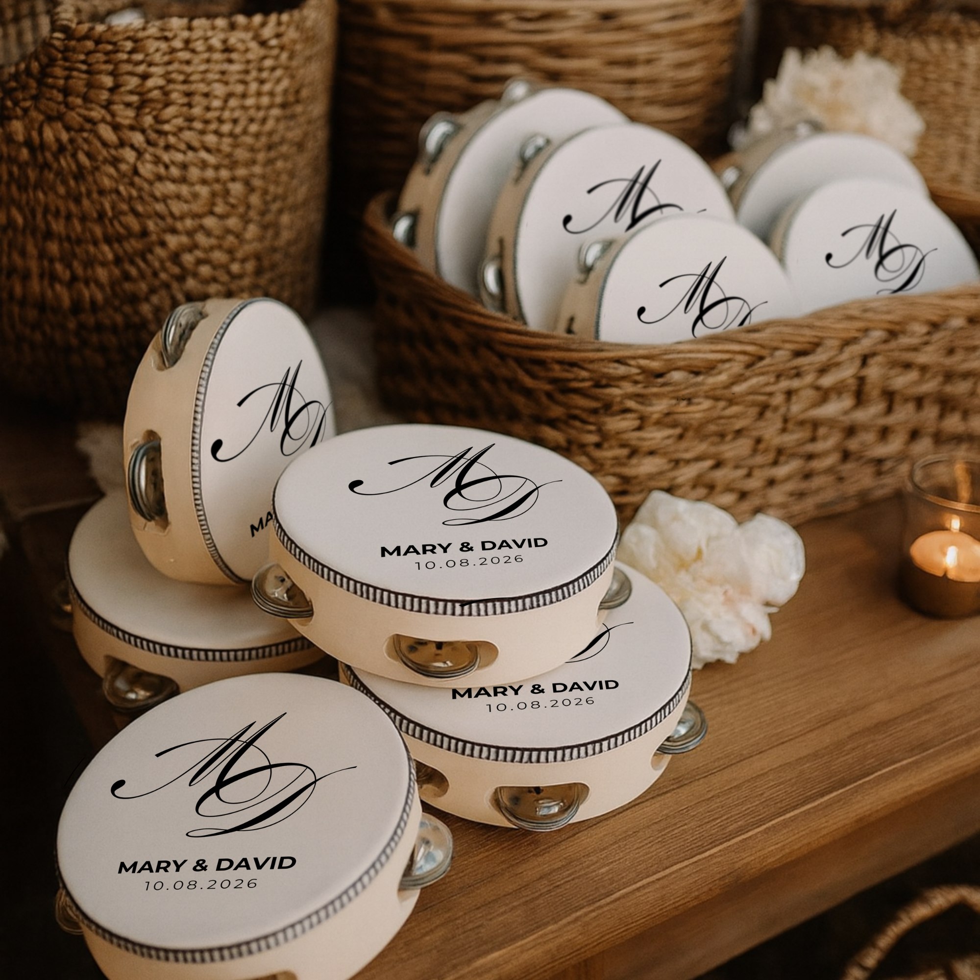 Grupo de panderetas personalizadas para boda en cesta - detalles originales invitados