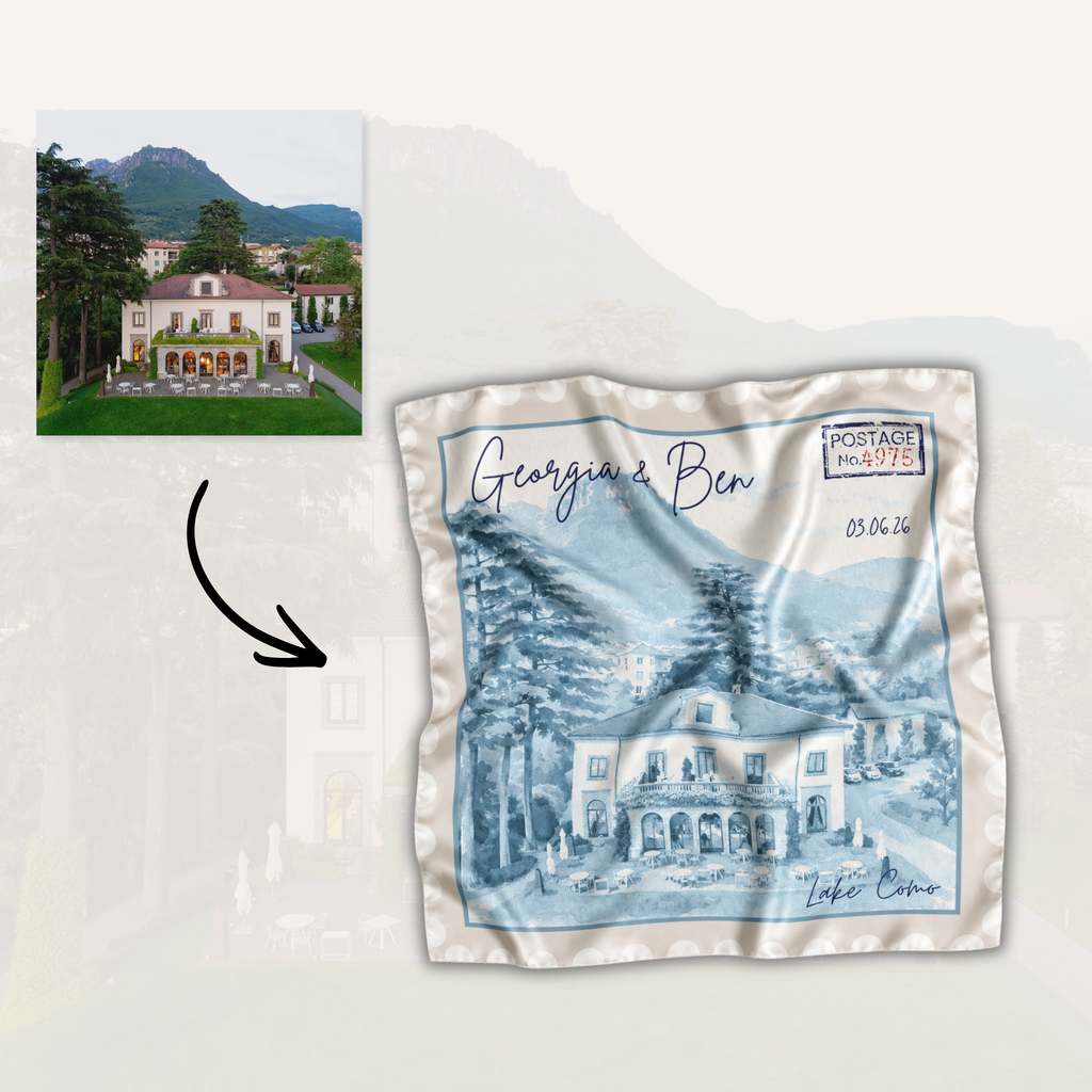 Pañuelo boda personalizado con ilustración de castillo — souvenir para invitados boda destino