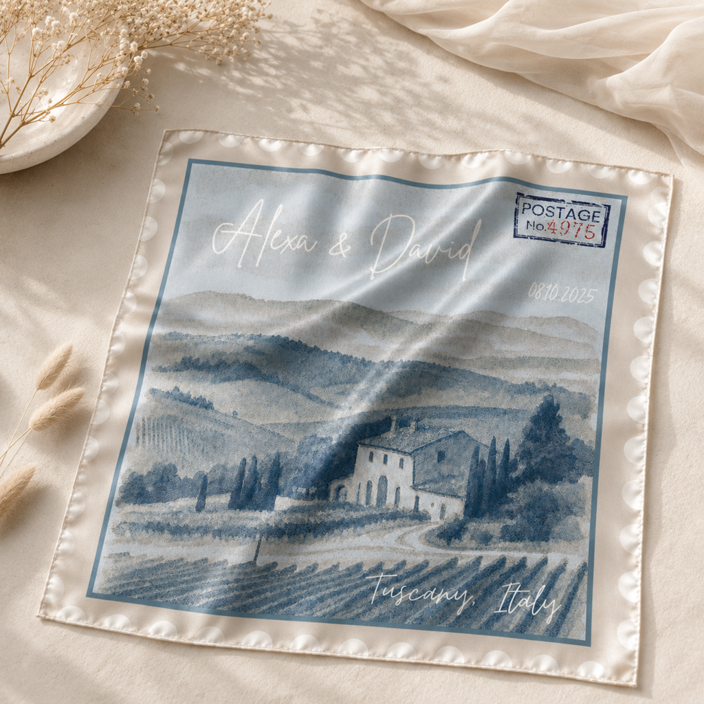Pañuelo boda personalizado con ilustración paisaje en azul — souvenir original para invitados