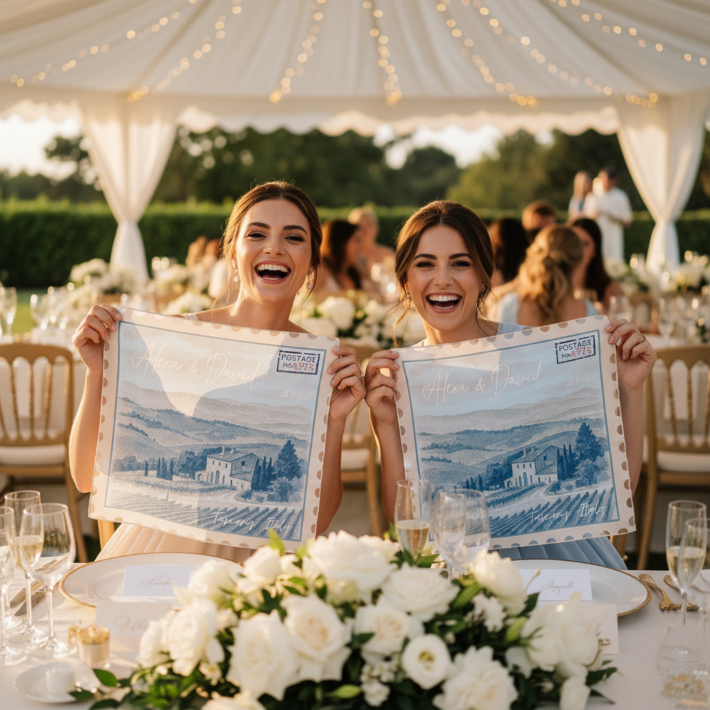 Invitadas sosteniendo pañuelo tipo estampilla postal personalizado en boda al aire libre