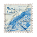 Pañuelo tipo estampilla postal personalizado para boda con ilustración del lugar y nombres
