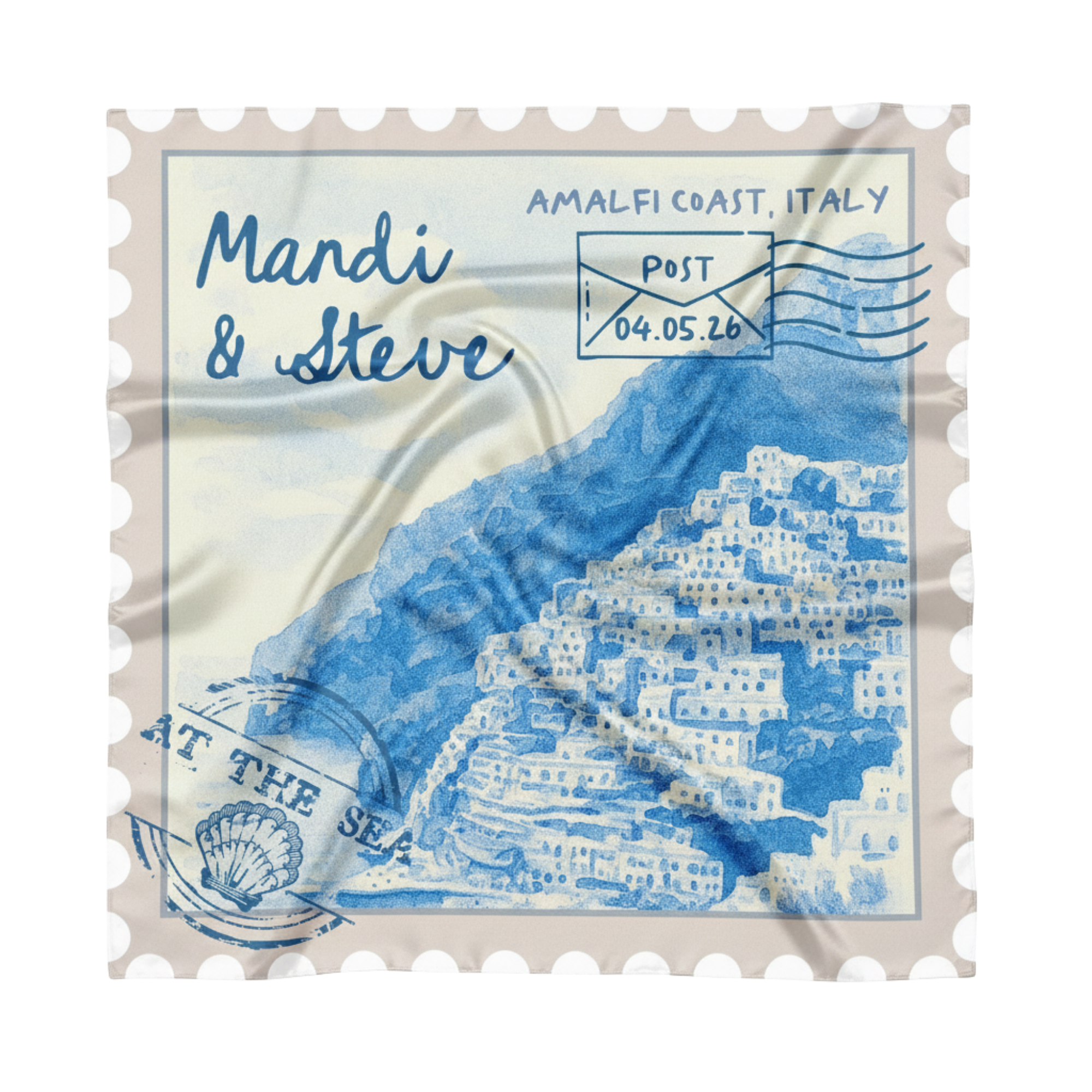 Pañuelo tipo estampilla postal personalizado para boda con ilustración del lugar y nombres