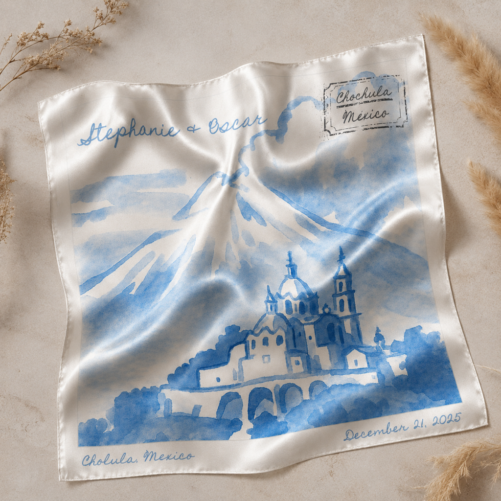 Pañuelo de seda boda personalizado doblado — ilustración acuarela en azul y crema