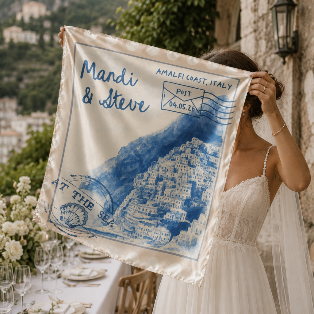 Novia sosteniendo pañuelo personalizado con ilustración acuarela — detalle para invitados boda destino