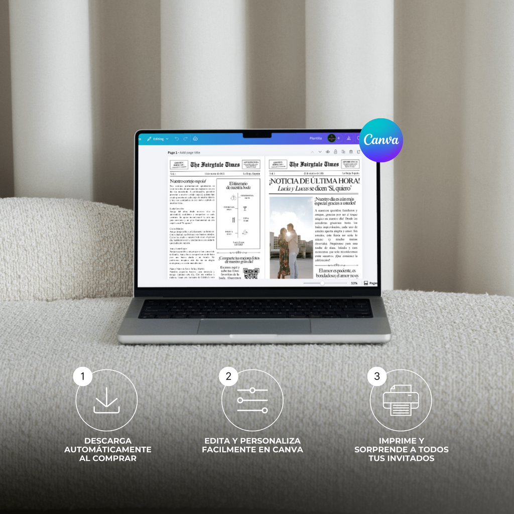 Plantilla de periódico de boda personalizable en Canva abierta en laptop - edición digital