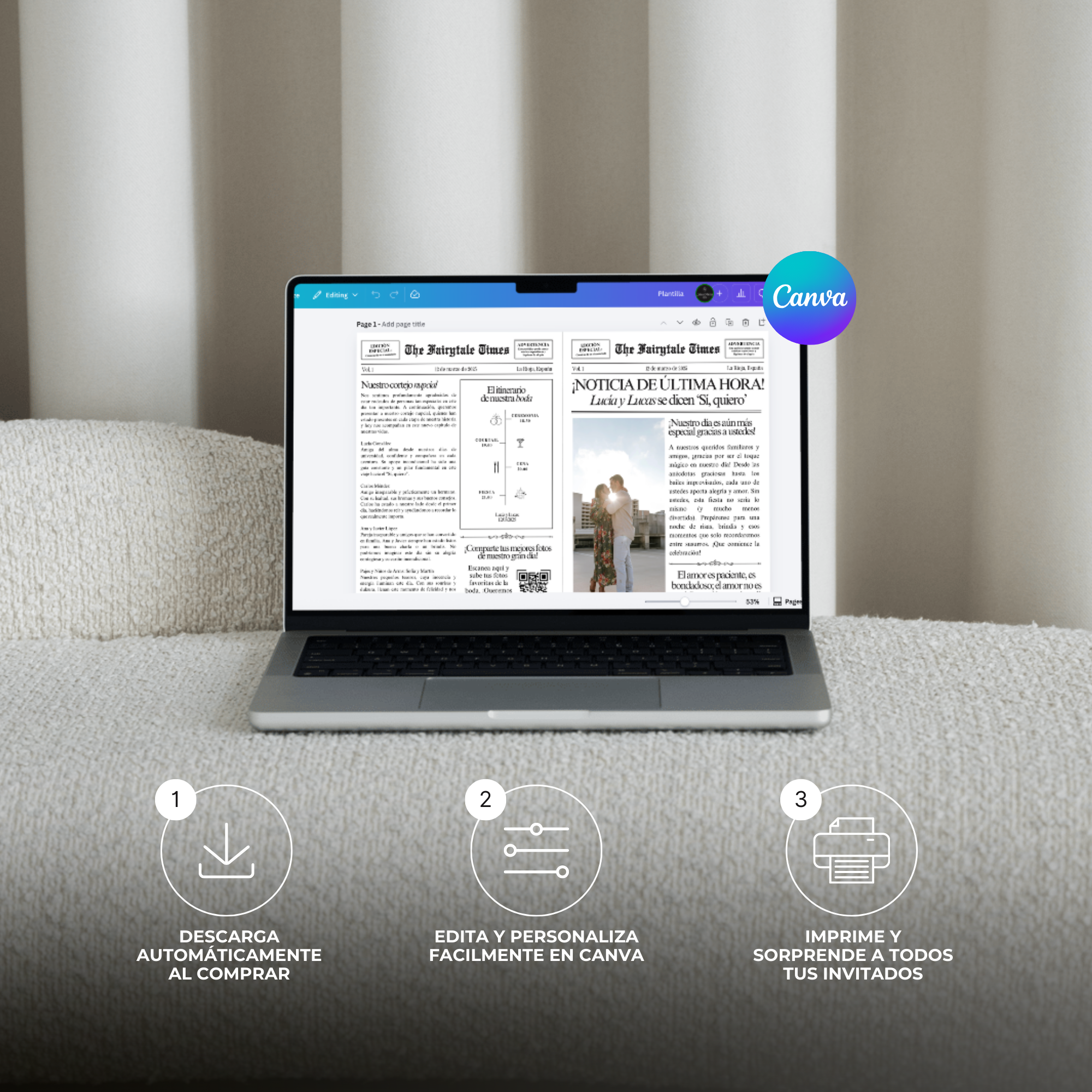 Plantilla de periódico de boda personalizable en Canva abierta en laptop - edición digital