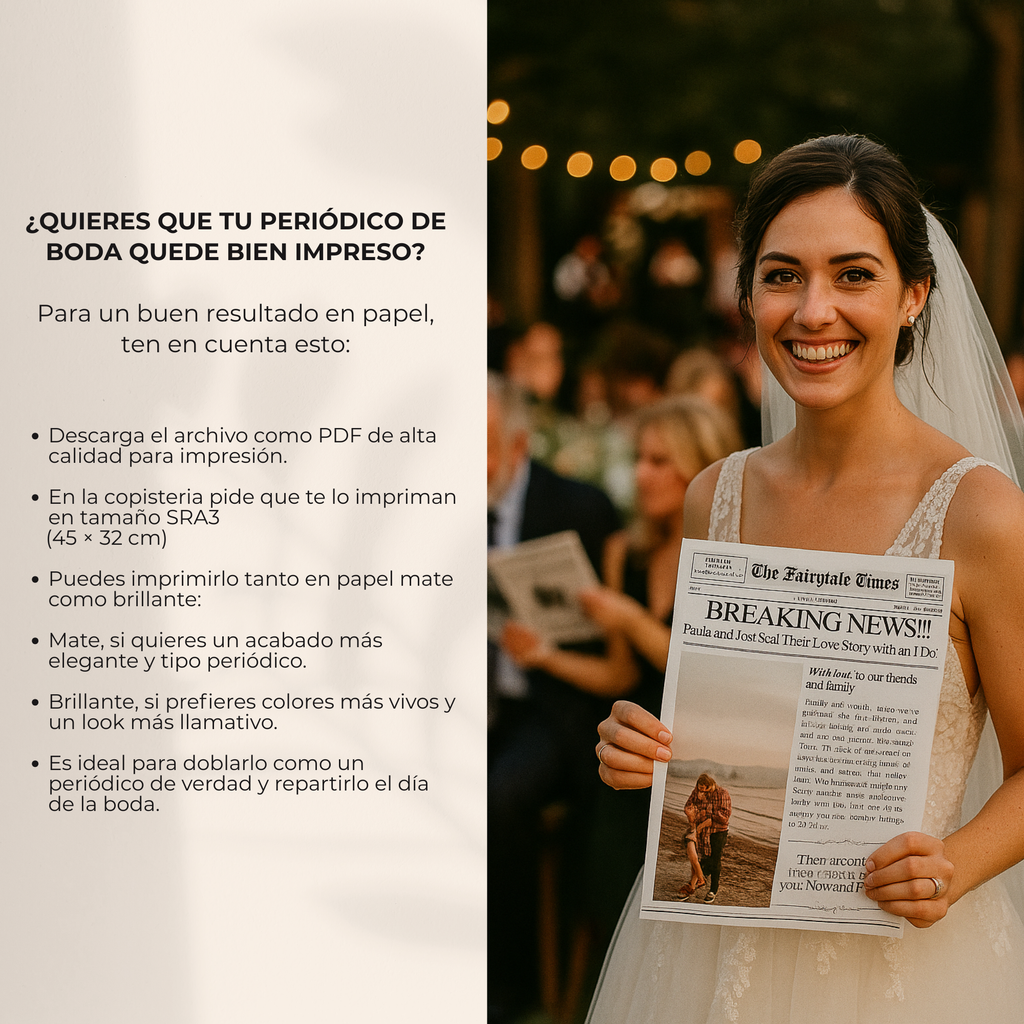 Novia sosteniendo periódico de boda personalizado impreso - plantilla Canva resultado final