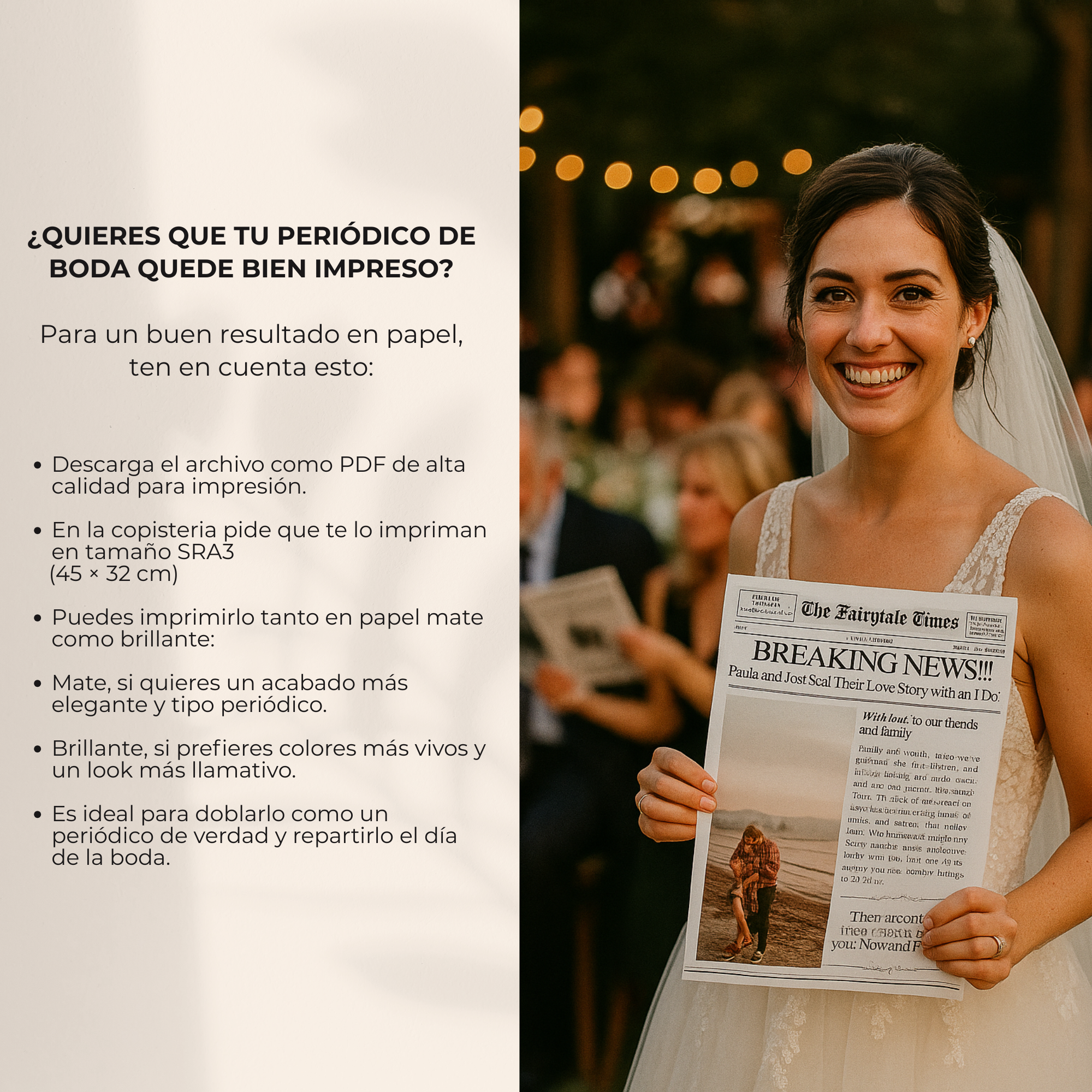 Novia sosteniendo periódico de boda personalizado impreso - plantilla Canva resultado final