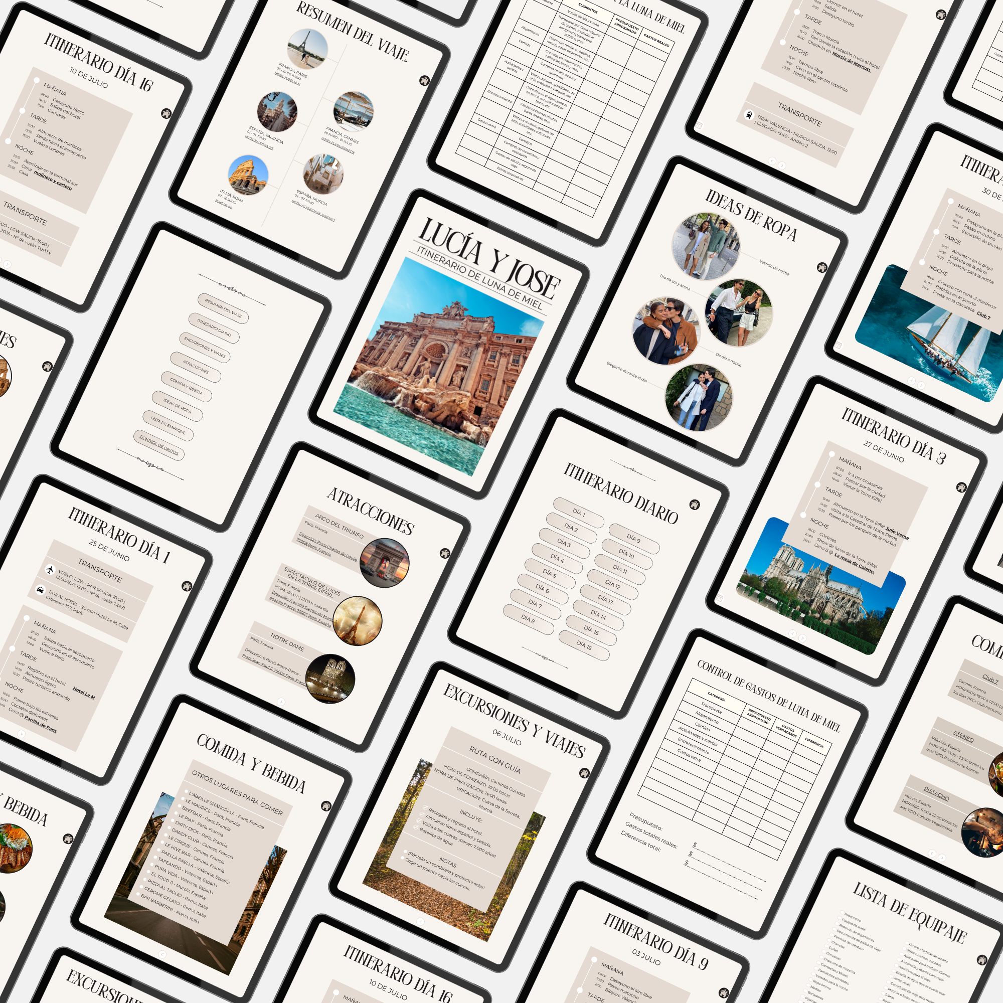 Páginas interiores del planificador de luna de miel en Canva - itinerario, presupuesto y actividades