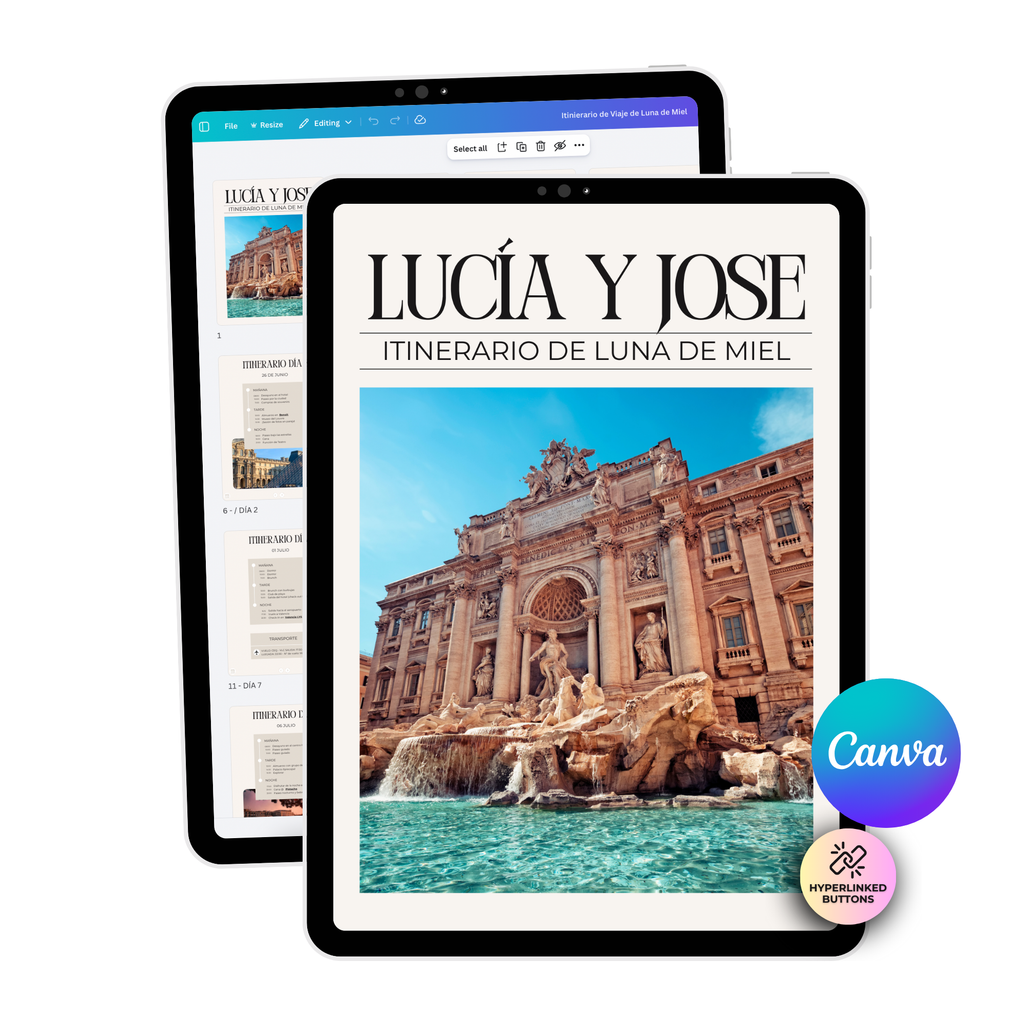 Planificador de luna de miel personalizable en Canva con itinerario y nombres de la pareja