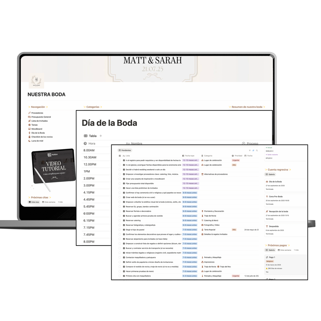 Planner de boda digital Bridebloom en Notion con checklist y cronograma del día de la boda