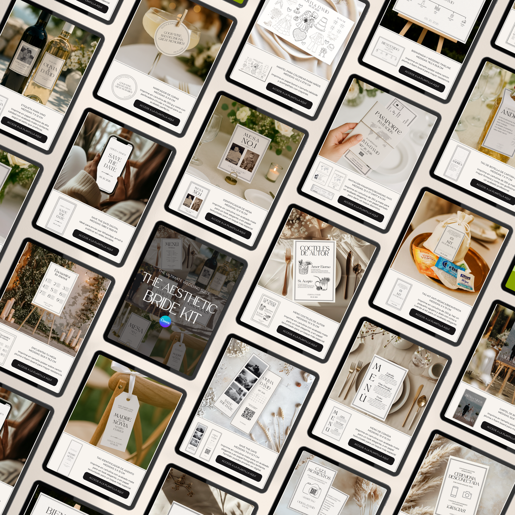 Collage de plantillas de boda en Canva editables - diseños para novia consciente