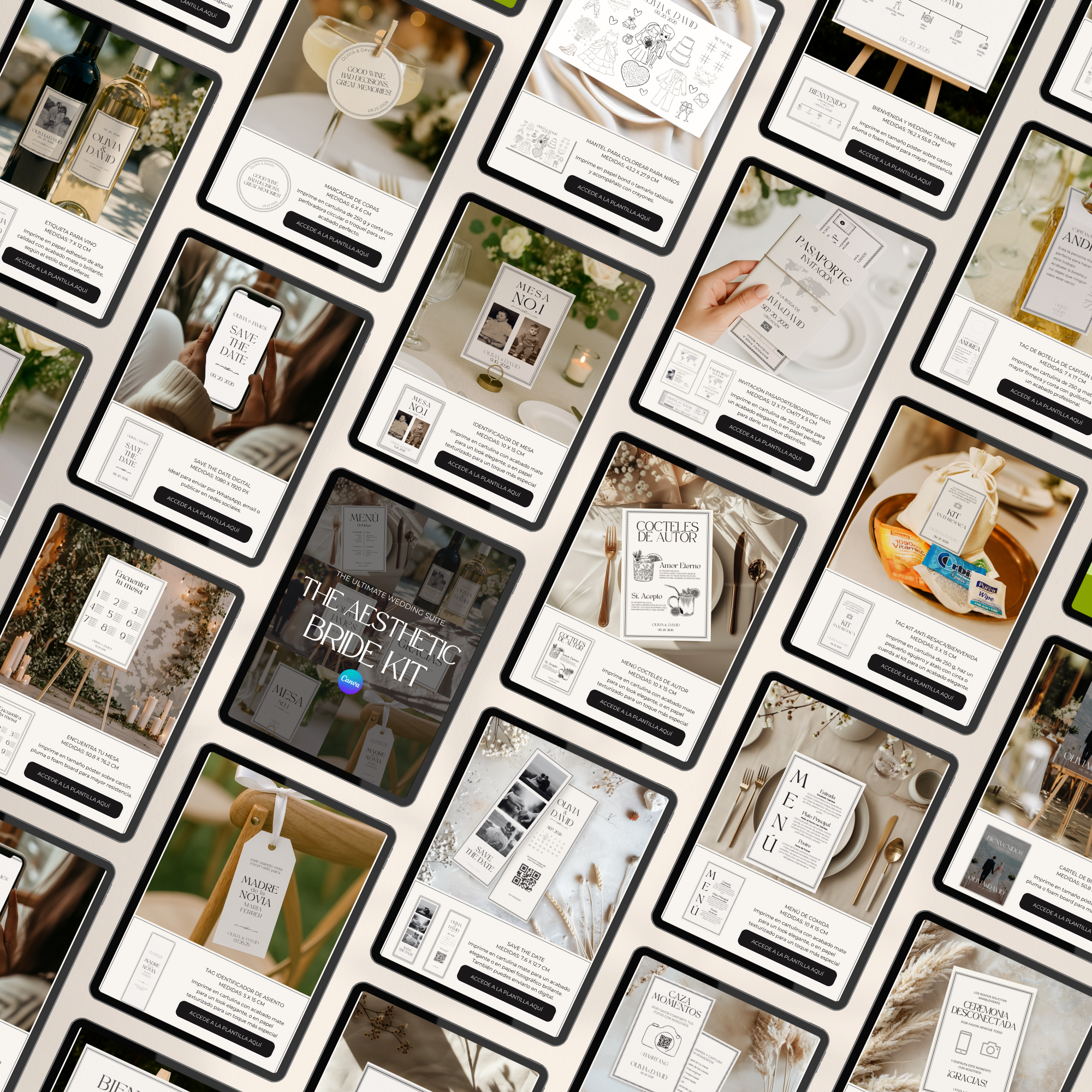 Collage de plantillas de boda en Canva editables - diseños para novia consciente
