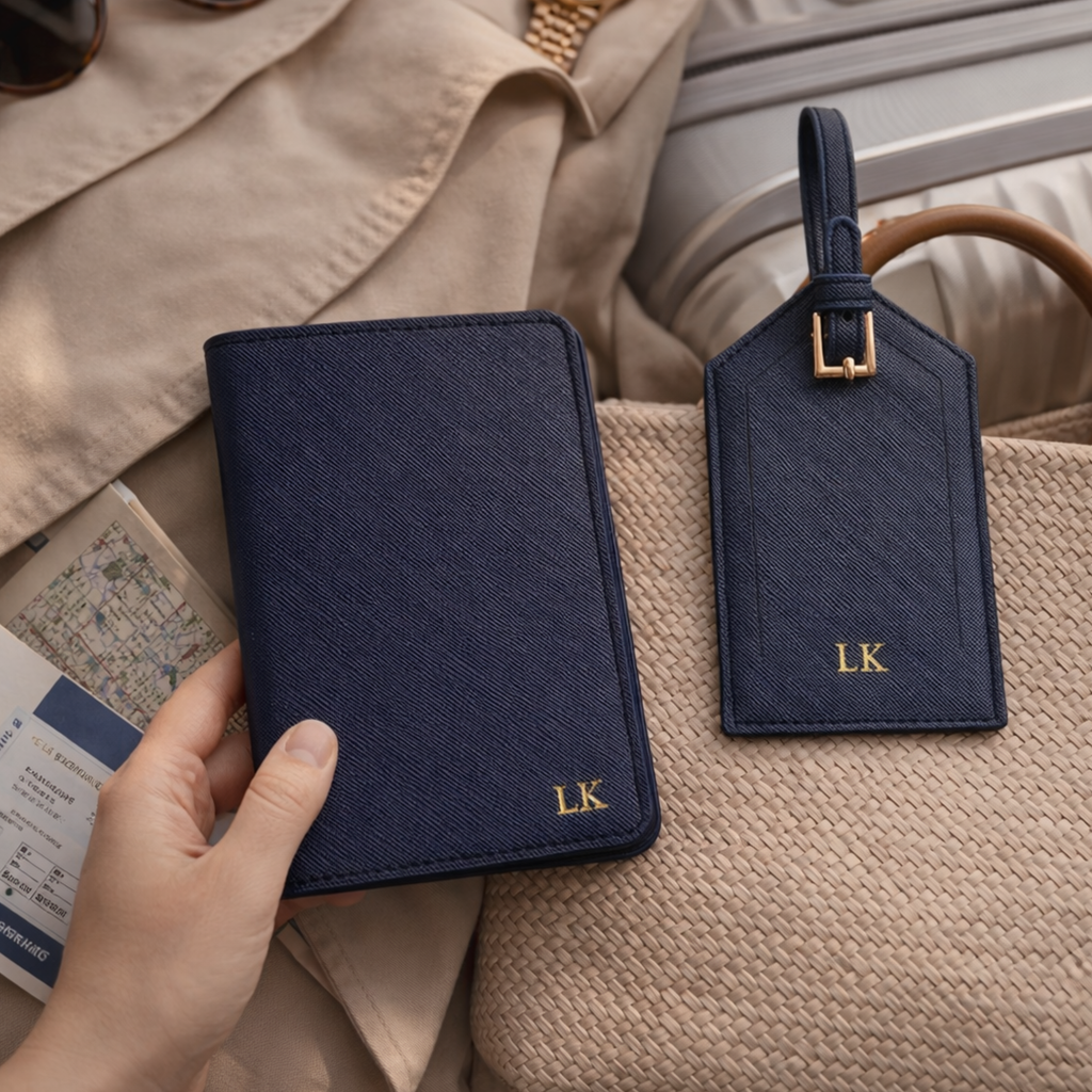 Porta pasaporte cuero azul marino personalizado con iniciales - set de viaje cuero azul marino