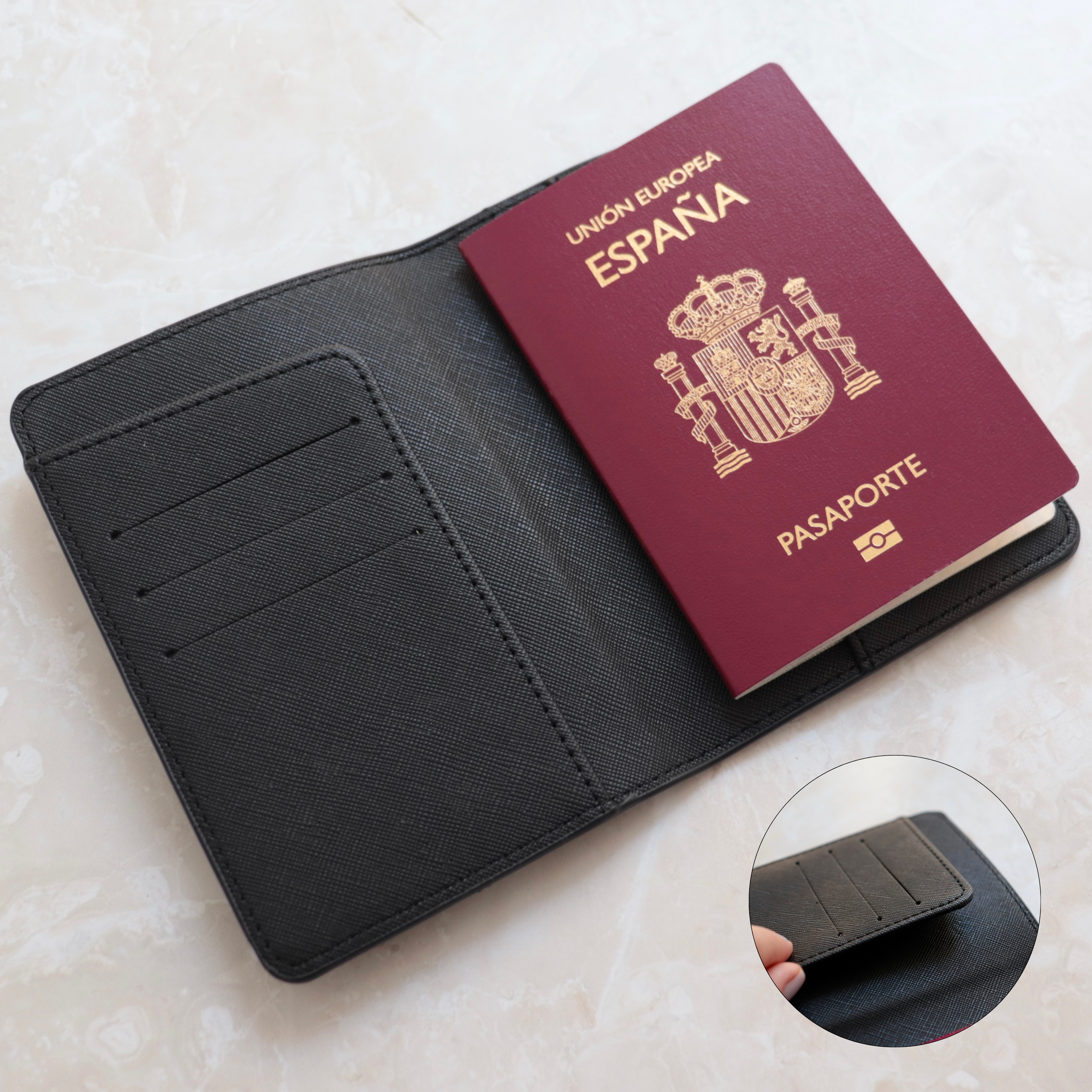 Porta pasaporte cuero negro con pasaporte - set de viaje cuero negro personalizado
