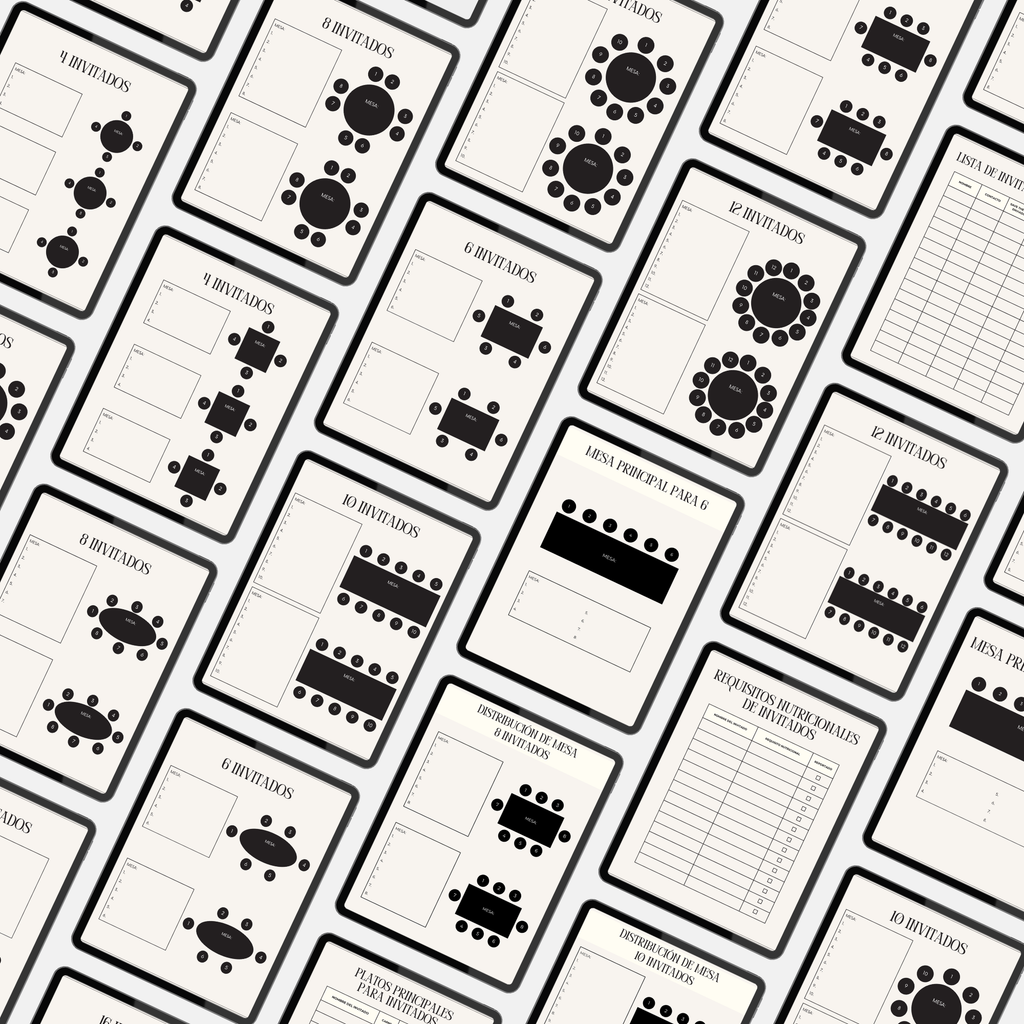 Detalle de plantilla seating plan de boda en Canva con iconos de mesas y sillas personalizables