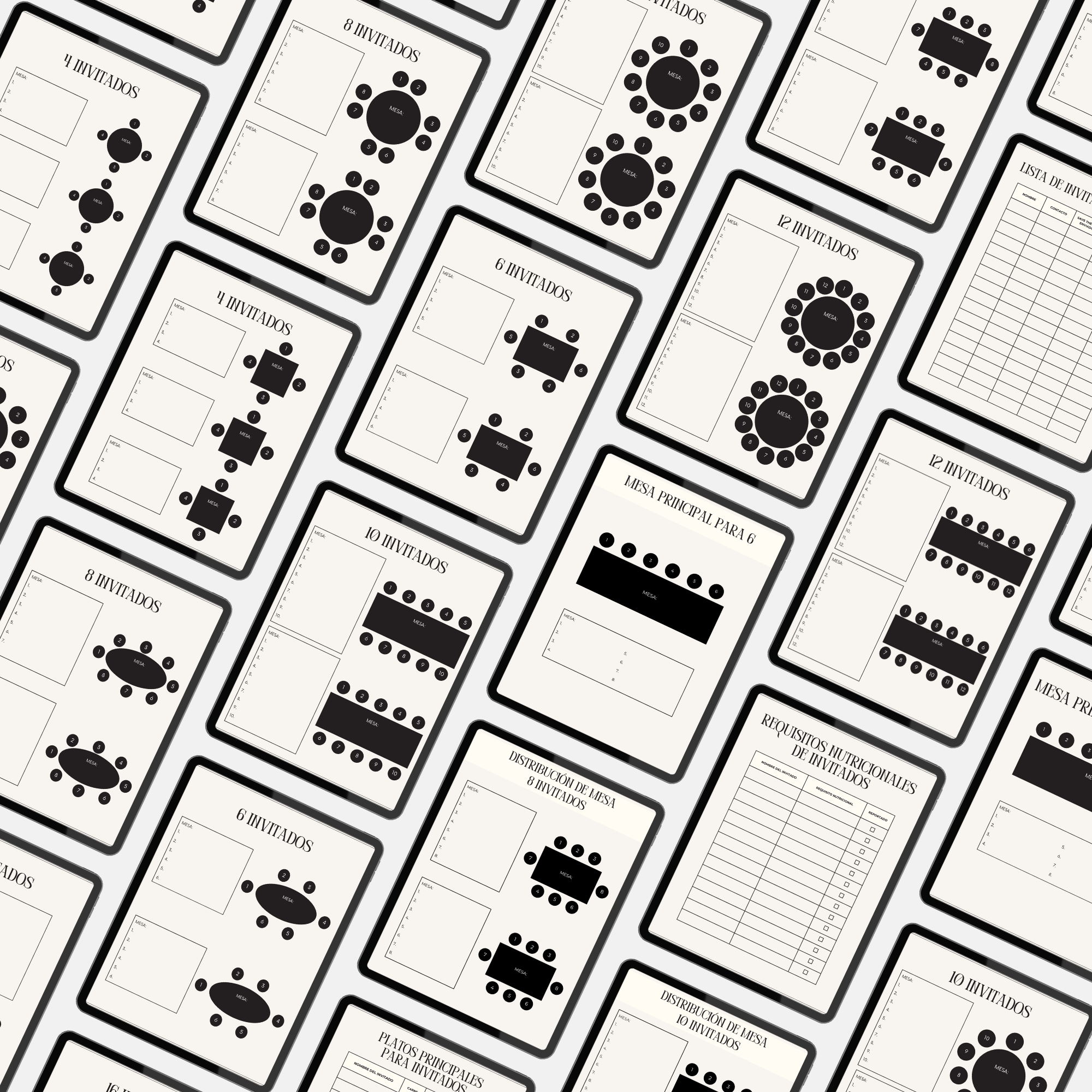 Detalle de plantilla seating plan de boda en Canva con iconos de mesas y sillas personalizables