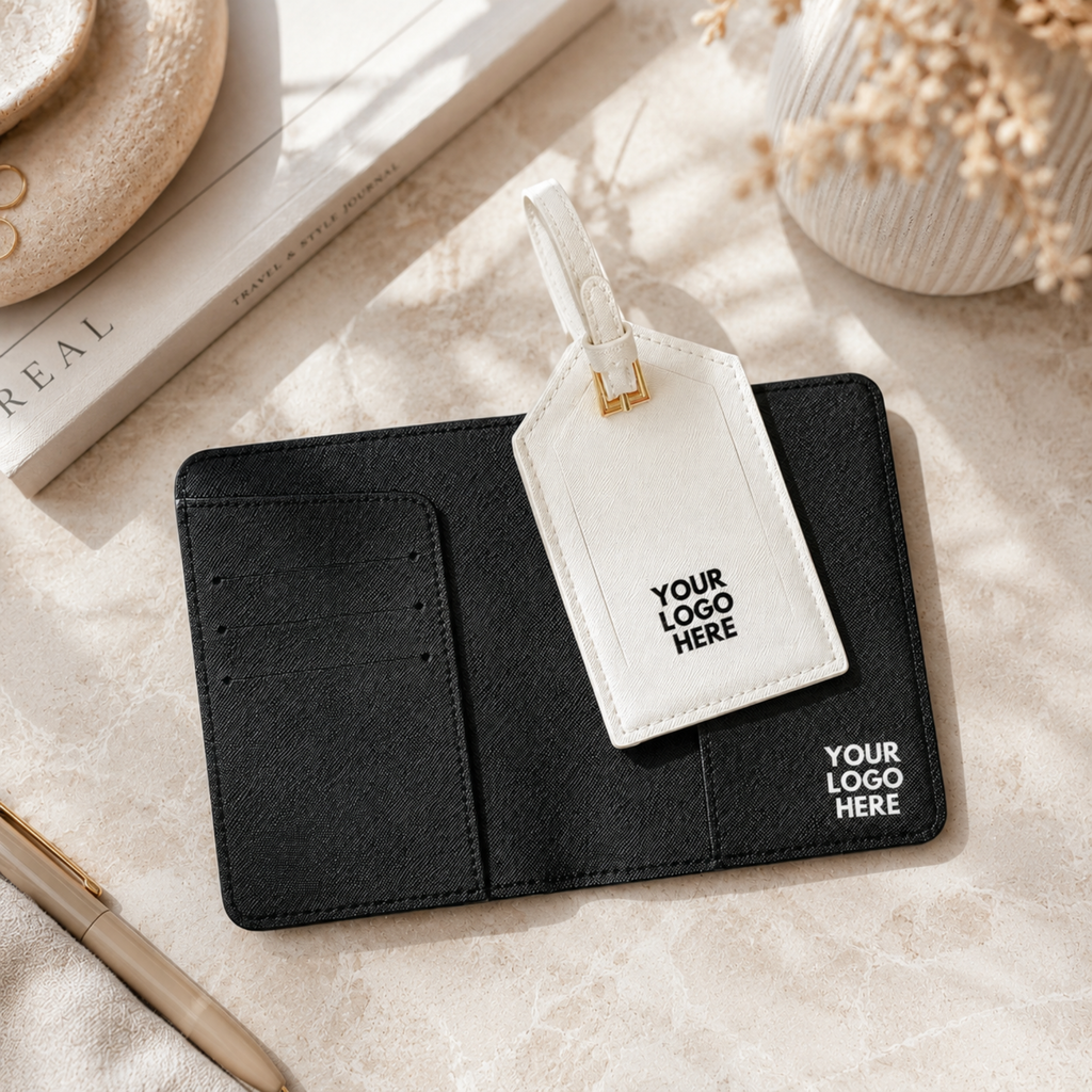 Set completo funda pasaporte y etiqueta maleta con logo personalizado — cuero blanco y negro
