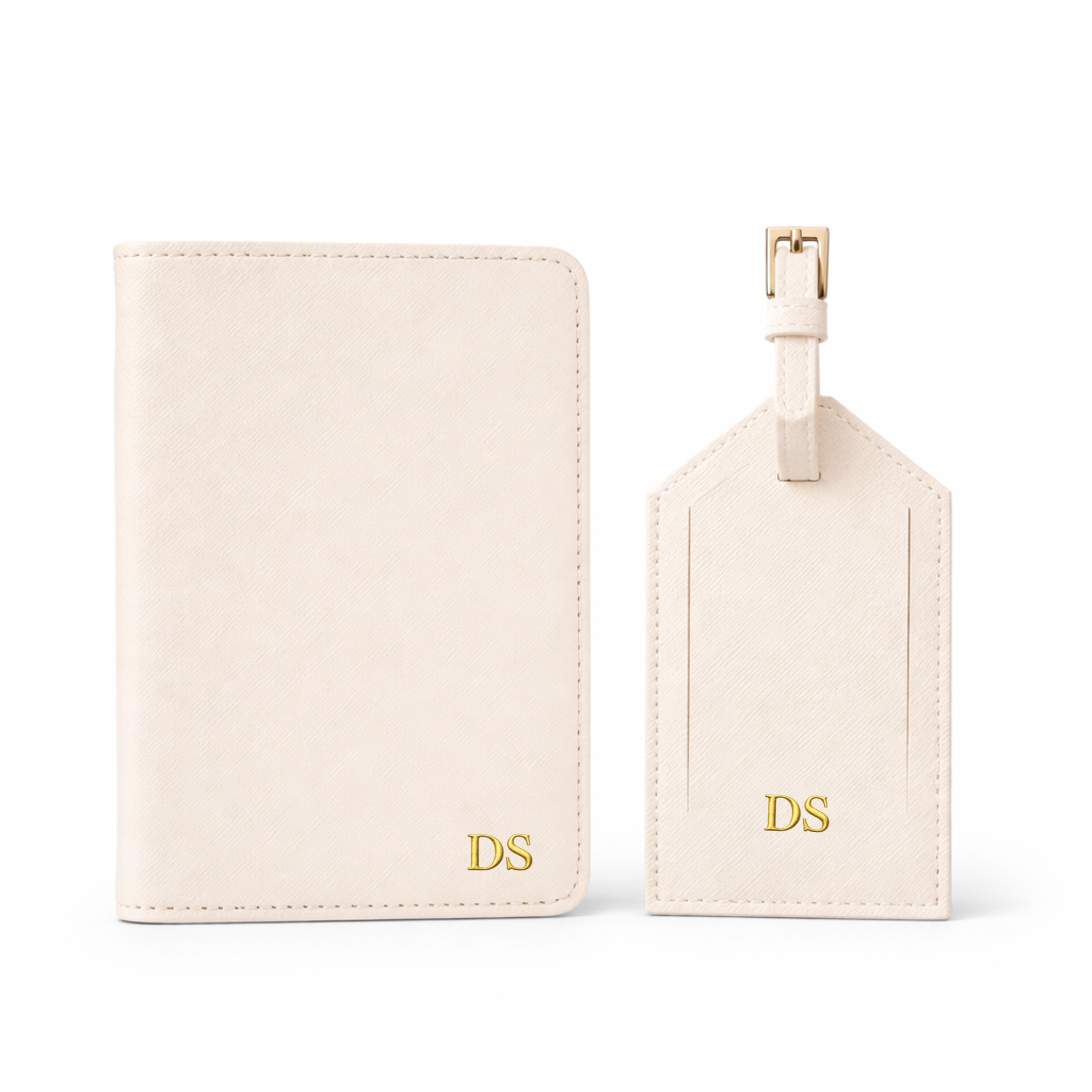 Set de viaje cuero beige personalizado con iniciales - porta pasaporte y etiqueta de equipaje
