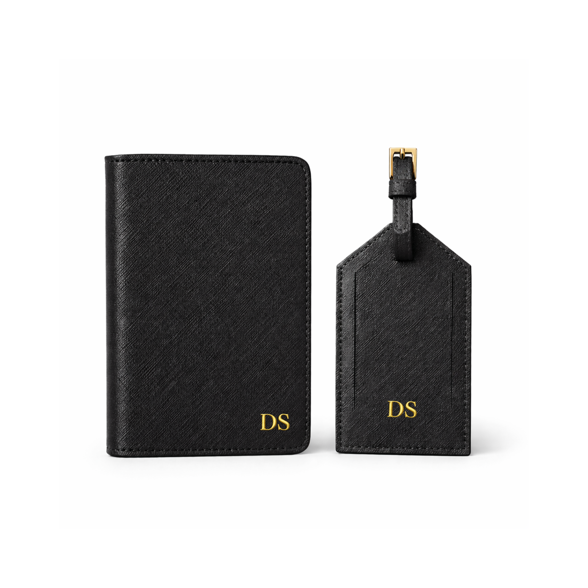 Set de viaje cuero negro personalizado con iniciales - porta pasaporte y etiqueta de equipaje