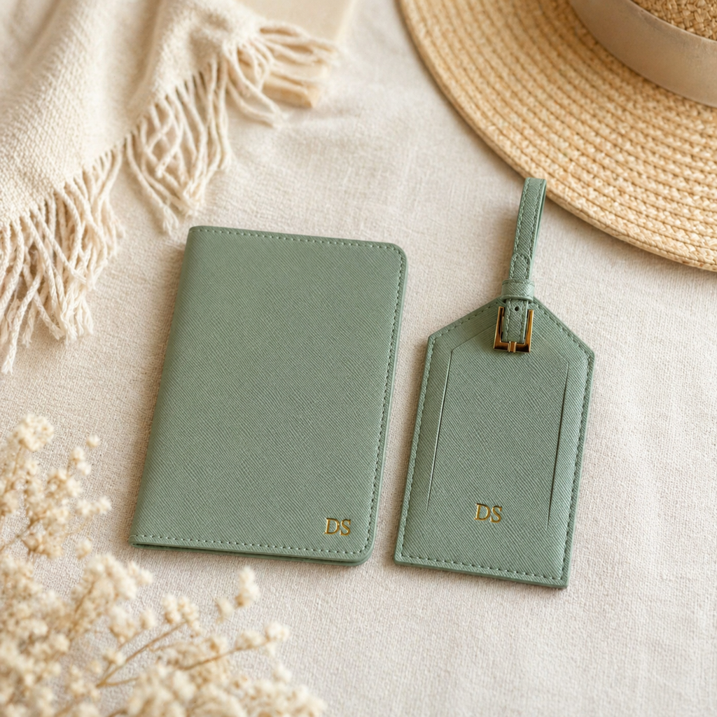 Set de viaje verde sage personalizado sobre lino con sombrero — regalo boda luna de miel