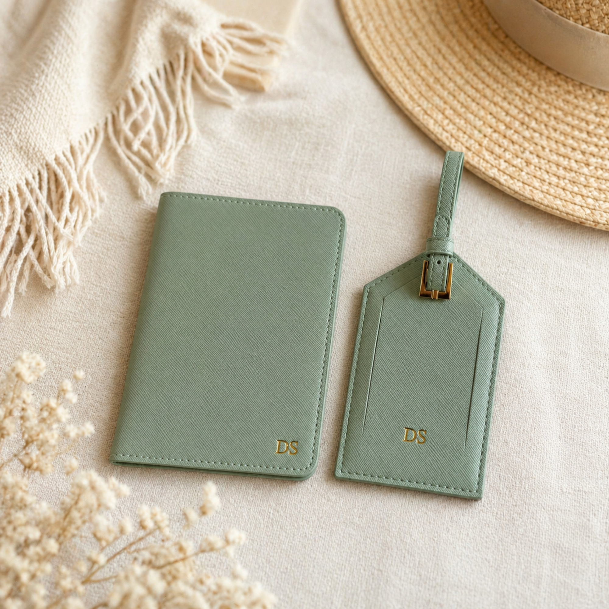 Set de viaje verde sage personalizado sobre lino con sombrero — regalo boda luna de miel