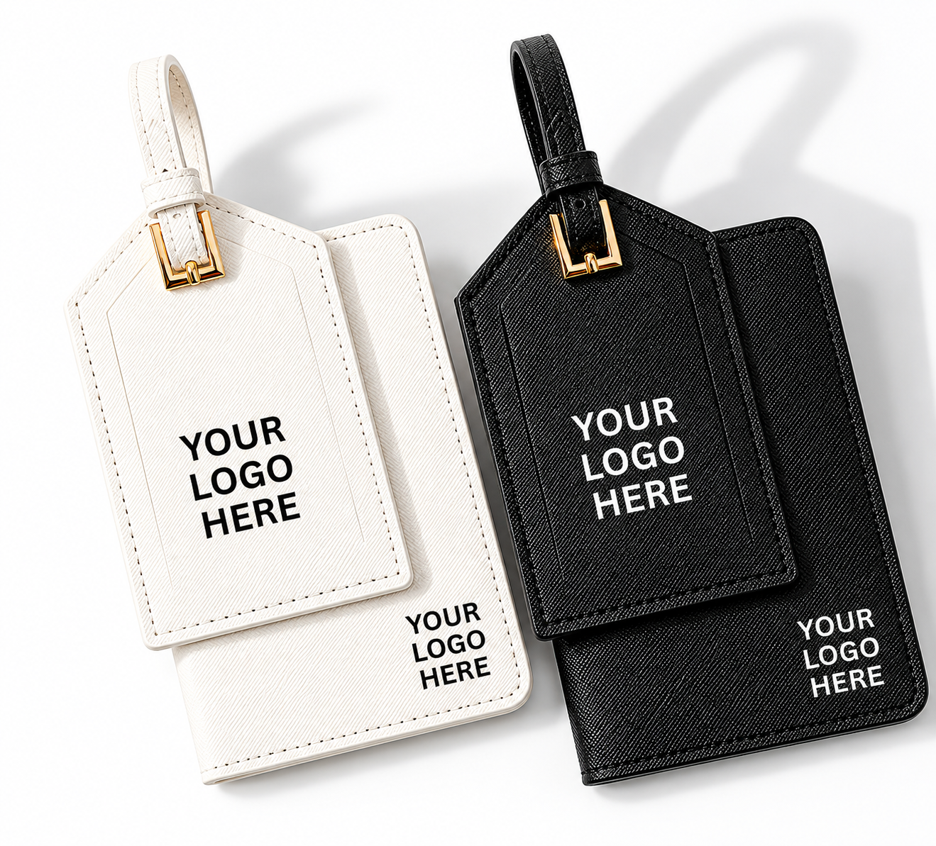 Set de etiquetas de maleta con logo personalizado en cuero blanco y negro — vista principal