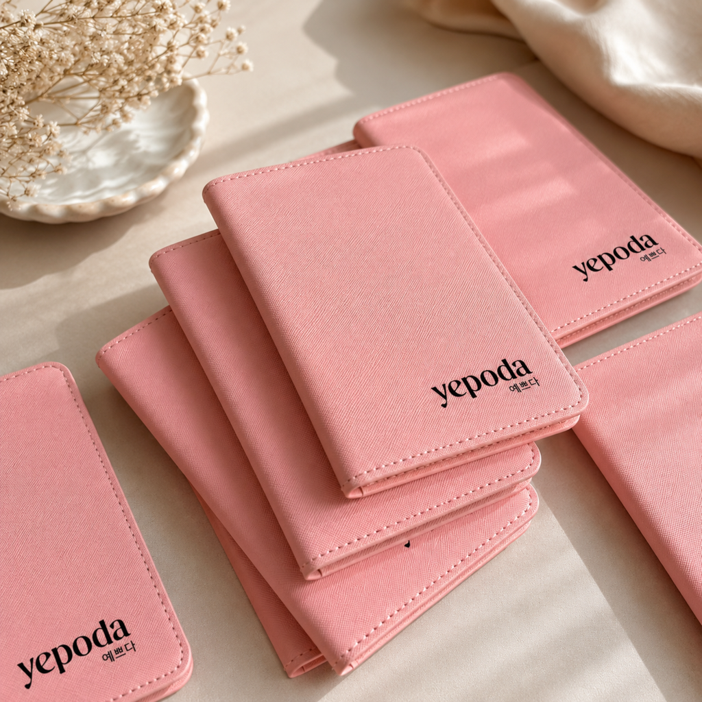 Sets de viaje personalizados en cuero rosa con logo de marca — funda pasaporte y etiqueta