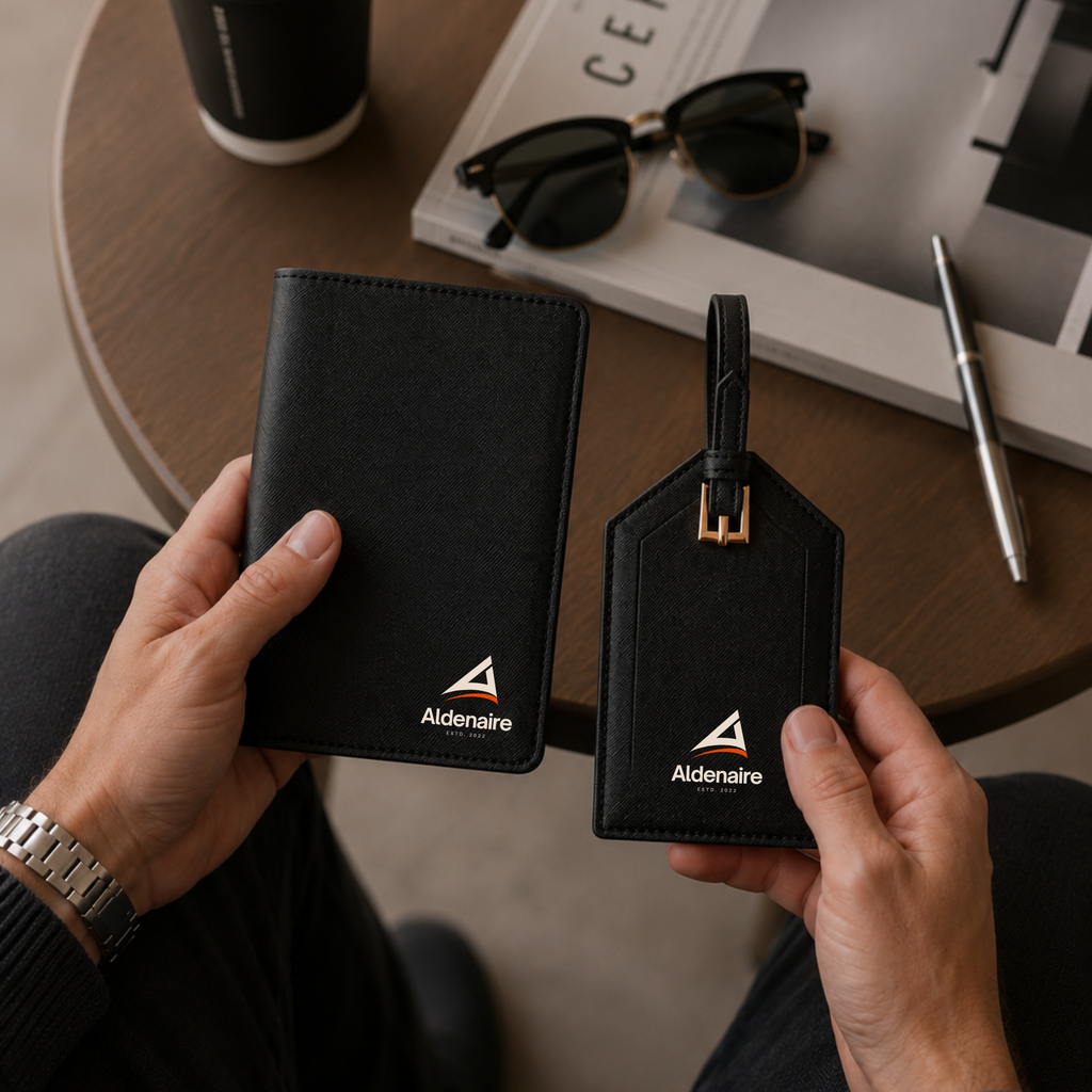 Set de viaje personalizado con logo de empresa — funda pasaporte y etiqueta maleta cuero negro
