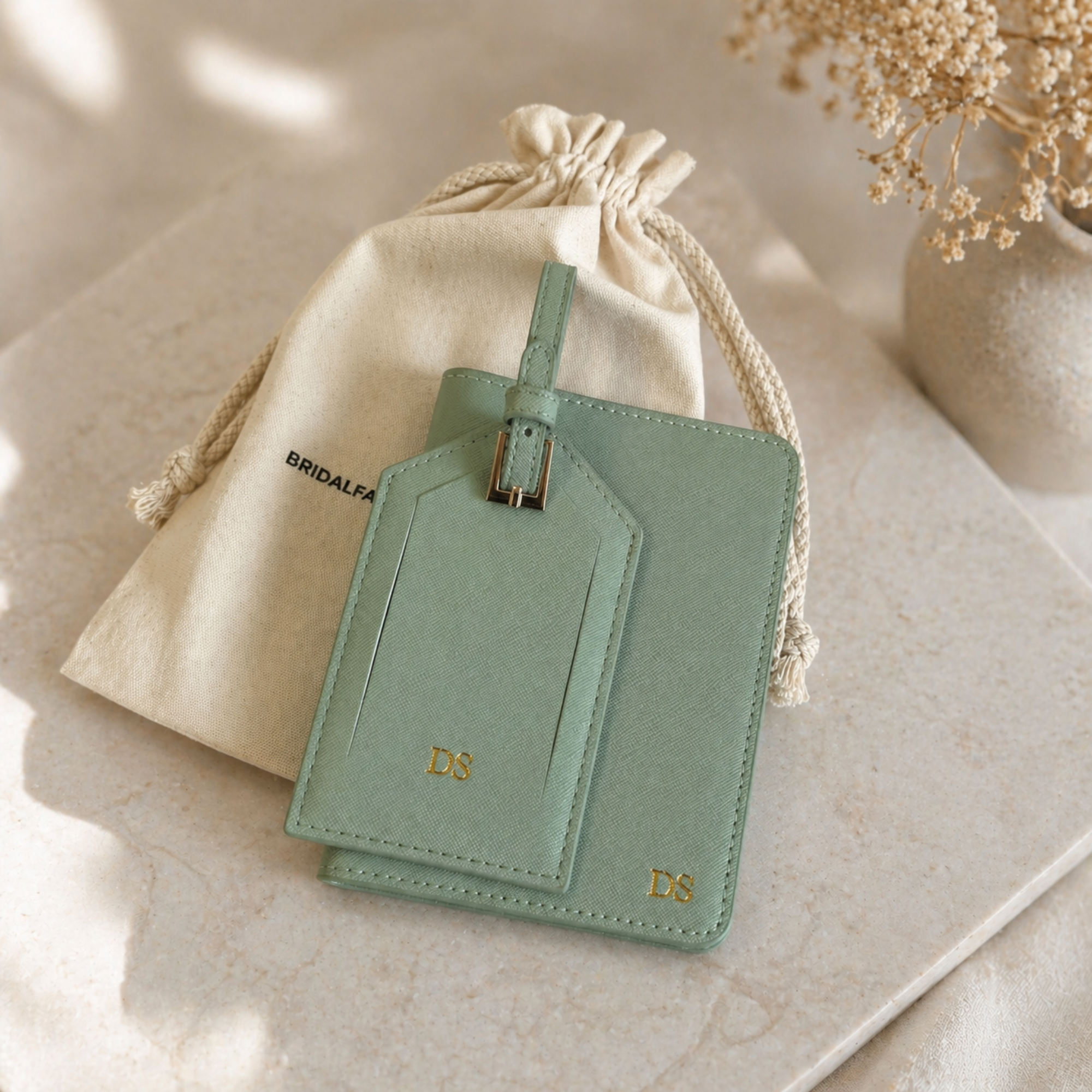 Set de viaje personalizado verde sage en bolsa de tela — presentación regalo boda