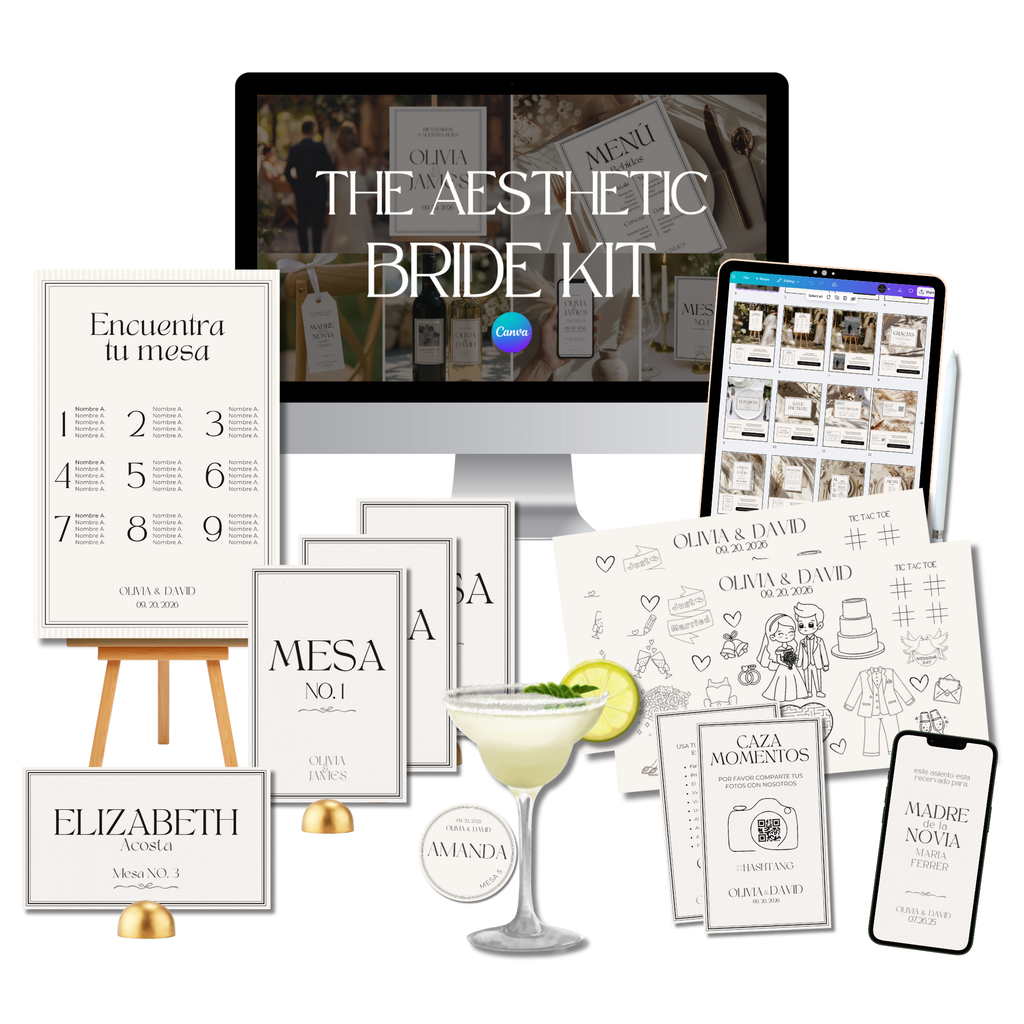 The Aesthetic Bride Kit - plantillas de boda en Canva con seating plan, menús y papelería