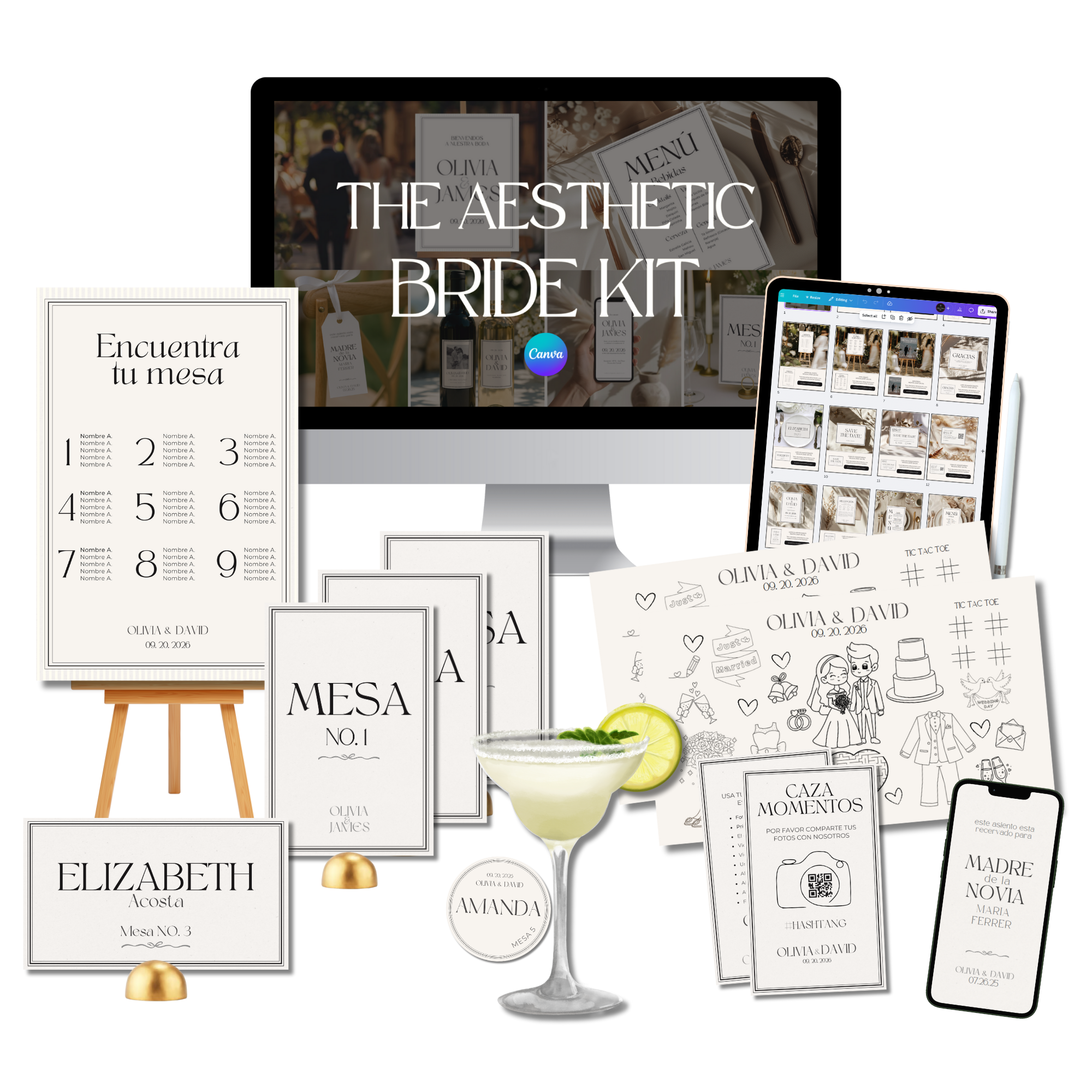 The Aesthetic Bride Kit - plantillas de boda en Canva con seating plan, menús y papelería