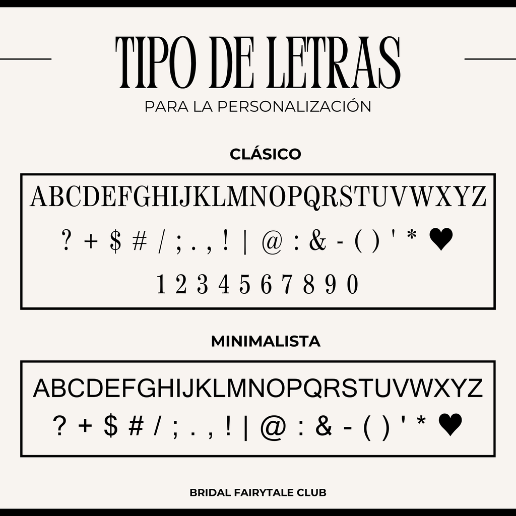 Guia de fuentes disponibles para personalizar el set: estilo clasico serif y minimalista sans-serif de Bridal Fairytale Club