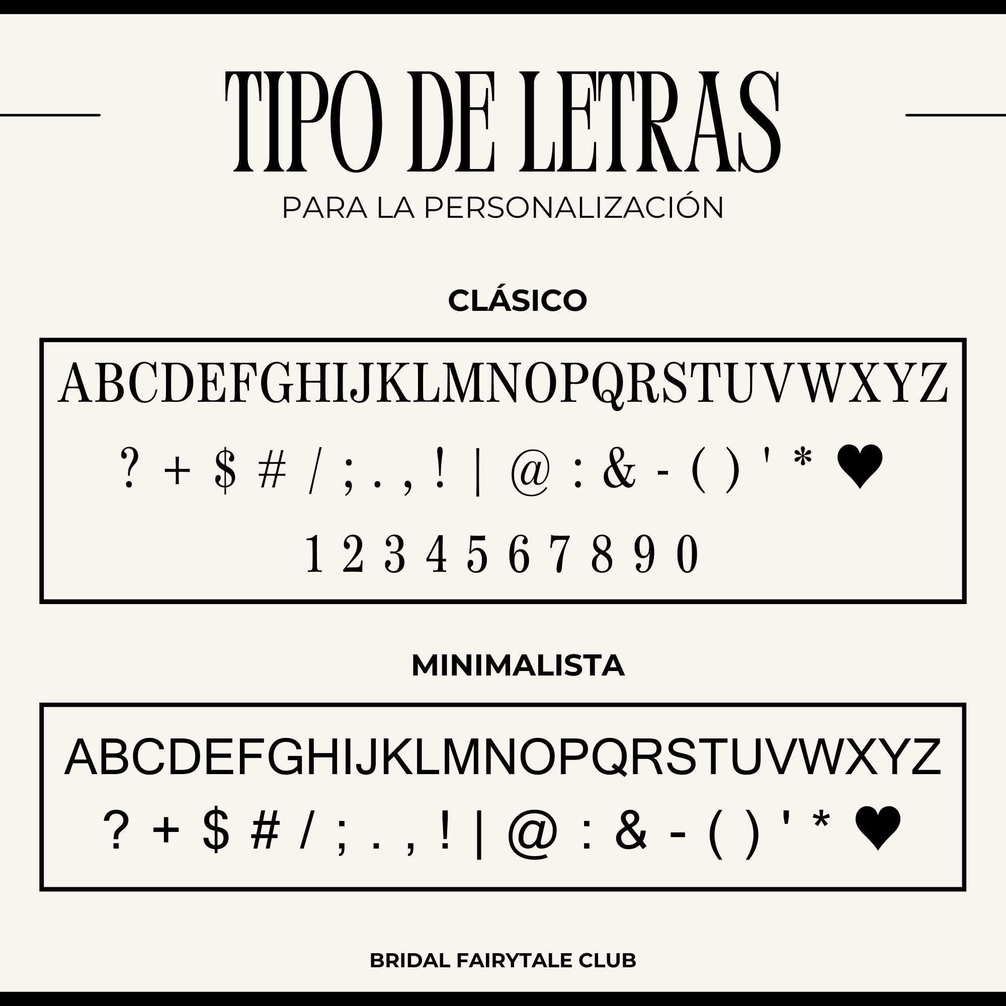 Guia de fuentes disponibles para personalizar el set: estilo clasico serif y minimalista sans-serif de Bridal Fairytale Club