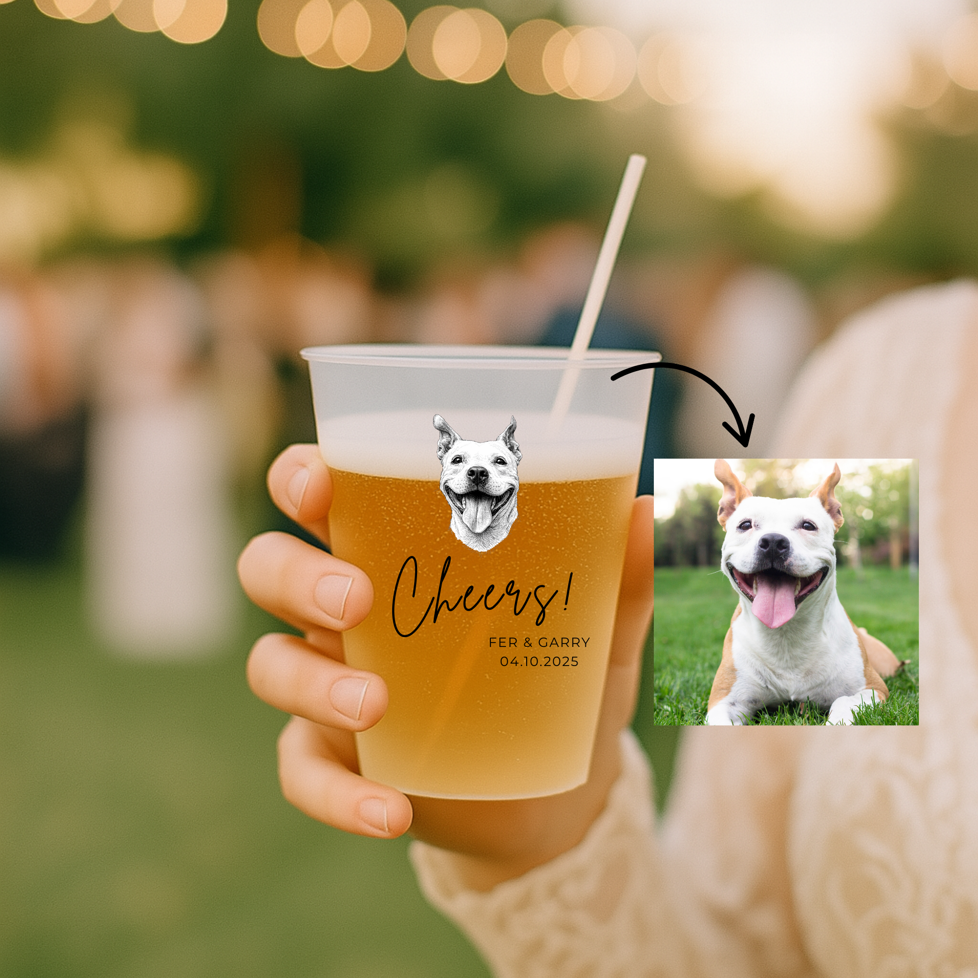 Vaso personalizado con ilustración de bulldog para boda - detalle mascota ilustrada exterior