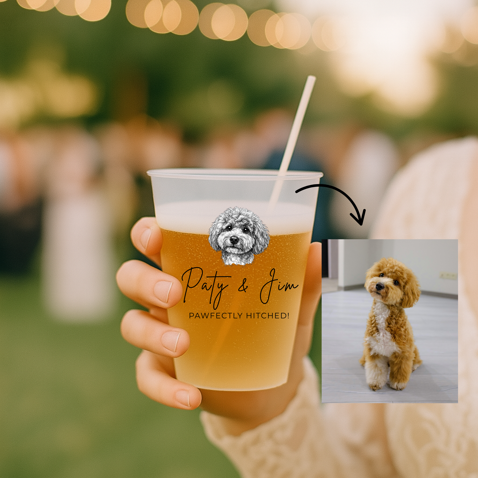 Vaso personalizado con ilustración de golden retriever para boda - proceso foto a ilustración