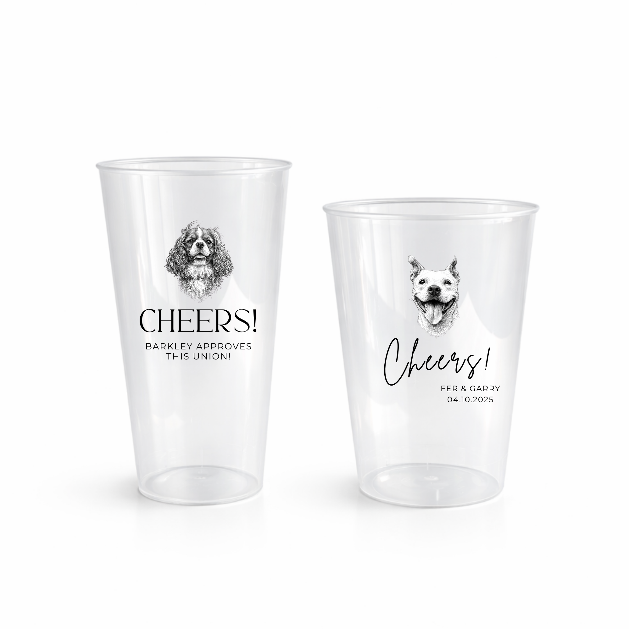 Vasos personalizados con ilustración de mascota para boda - diseño Cheers con perro ilustrado